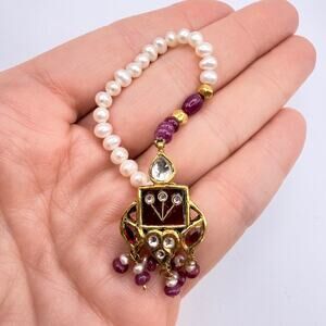 Traditional Kundan Single Earring 18k Gold Rubies Freshwater Pearls Appraised